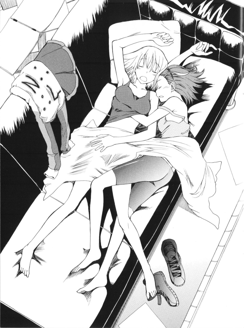 2girls ass bare_legs barefoot breasts couch floris fuyukawa_motoi gradient_hair greyscale highres hug jacket lancis medium_breasts medium_hair monochrome multicolored_hair multiple_girls novel_illustration off_shoulder official_art photoshop_(medium) shirt shoes short_hair sleeping sleeveless sleeveless_shirt spandex toaru_kagaku_no_railgun toaru_majutsu_no_index