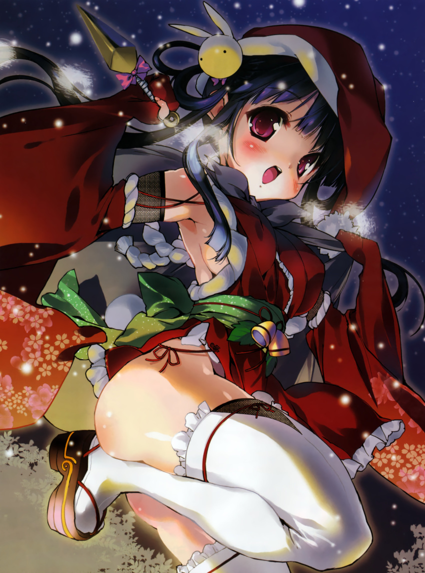 absurdres black_hair blush detached_sleeves female hat highres kunai long_hair open_mouth original red_eyes santa_hat snowing solo thighhighs urotan weapon white_thighhighs