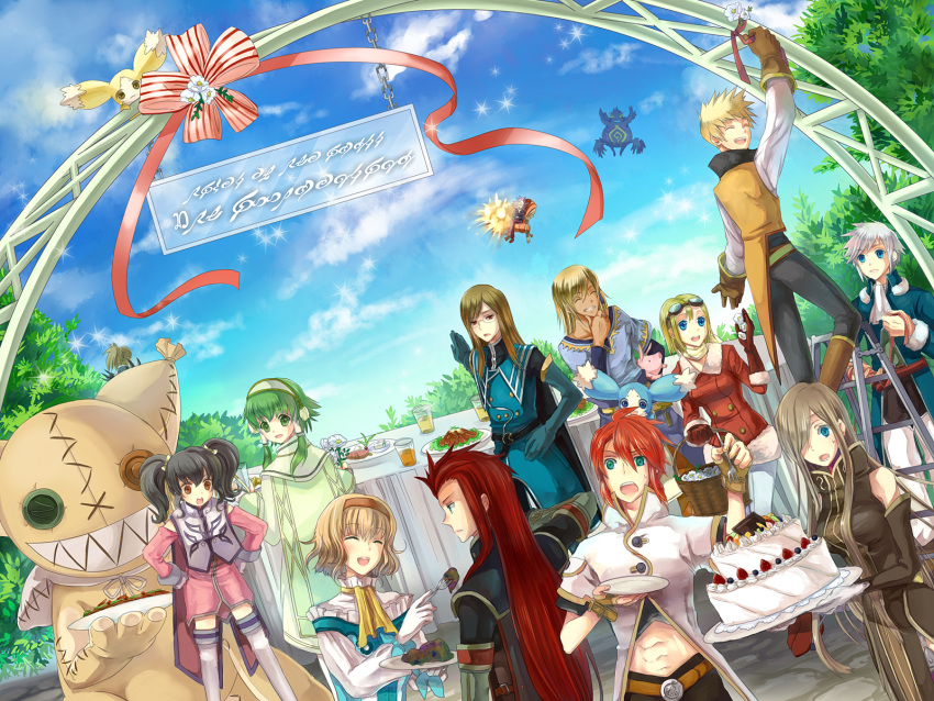 4girls 6+boys ak0130 anise_tatlin asch_(tales) bad_food black_hair blonde_hair blue_eyes brown_eyes brown_hair cake closed_eyes commentary_request dist_(tales) doll fingerless_gloves food ginji_(tales) glasses gloves green_eyes green_hair guy_cecil hair_over_one_eye hair_tubes hairband highres ion_(tales) jade_curtiss long_hair luke_fon_fabre mieu_(tales) mohs multiple_boys multiple_girls natalia_luzu_kimlasca_lanvaldear neckerchief noelle_(tales) open_mouth peony_ix pig red_eyes red_hair ribbon short_hair short_hair_with_long_locks sidelocks tales_of_(series) tales_of_the_abyss tear_grants thighhighs tokunaga_(tales) twintails van_grants white_hair yellow_neckerchief