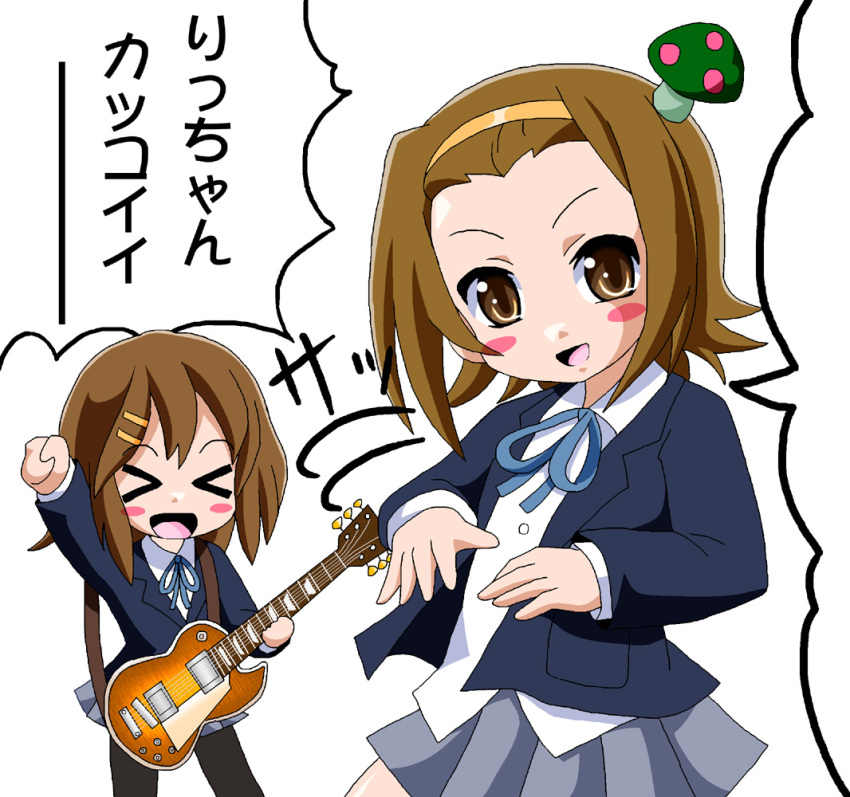 >_< 2girls arm_up bad_id bad_pixiv_id blush_stickers brown_hair closed_eyes guitar hair_ornament hairband hairclip hirasawa_yui imai_kazunari instrument k-on! looking_back meme multiple_girls mushroom neta open_mouth pantyhose sakuragaoka_high_school_uniform school_uniform short_hair skirt tainaka_ritsu translated yattaa_kakkoii!! yellow_eyes