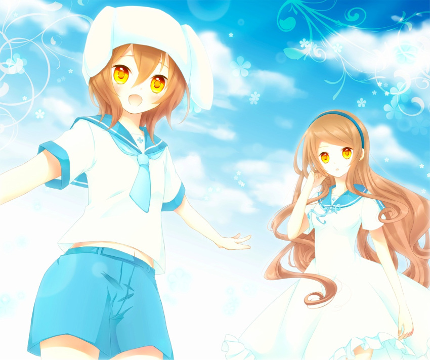 1boy :d akane_(goma) akira_(goma) animal_ears bad_id bad_pixiv_id blue_sailor_collar blush brother_and_sister brown_hair cloud day dress female goma_(11zihisin) hairband hat long_hair midriff navel open_mouth original otoko_no_ko outstretched_arms photoshop_(medium) rabbit_ears sailor_collar sailor_dress short_hair shorts siblings sky smile spread_arms twins wavy_hair yellow_eyes