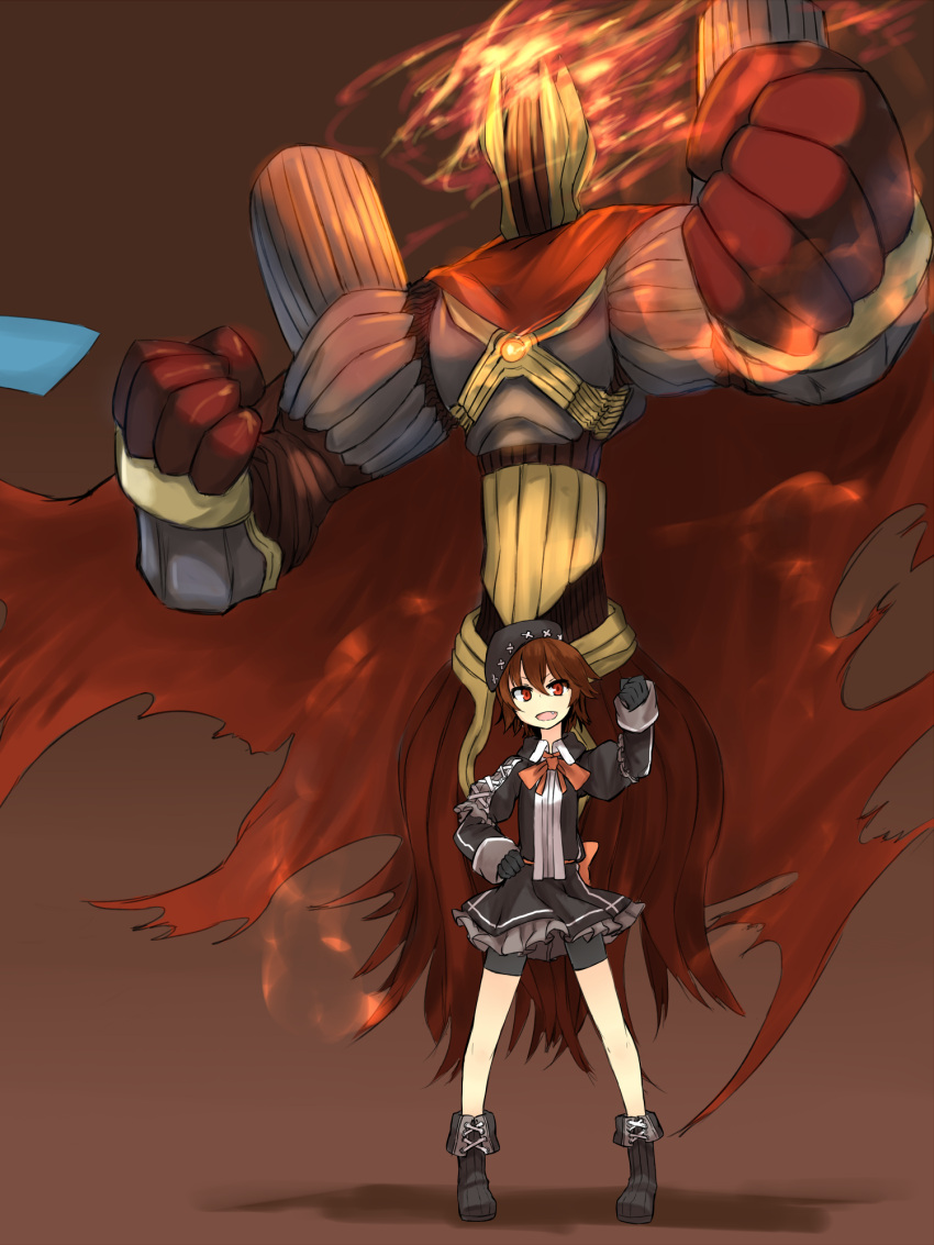 bad_id bad_pixiv_id bike_shorts boots brown_hair clenched_hands female ganesagi gloves hat highres oerba_yun_fang open_mouth pixiv_shadow red_eyes ribbon short_hair skirt uniform