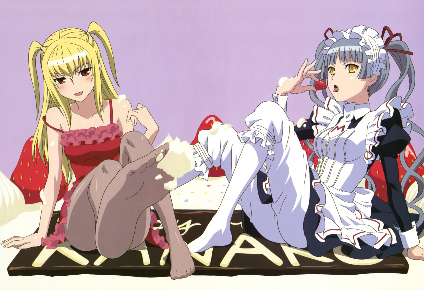 1boy absurdres arm_support blonde_hair blunt_bangs blush breasts brown_legwear cream dress feet female food foreshortening frilled_dress frills fruit grey_hair hairband highres holding holding_food imageboard_desourced juliet_sleeves long_hair long_sleeves looking_at_viewer maid maid_headdress maria_holic medium_breasts mole mole_under_eye non-web_source nyantype official_art open_mouth otoko_no_ko pants pantyhose puffy_sleeves red_dress red_eyes shidou_mariya shinouji_matsurika sleeveless sleeveless_dress smile strap_slip strawberry twintails two_side_up very_long_hair white_legwear white_pants yamauchi_noriyasu yellow_eyes