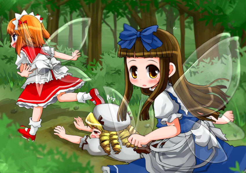 3girls airplane_arms blonde_hair blue_eyes blush bobby_socks bow brown_eyes brown_hair commentary_request dress drill_hair fairy_wings fallen_down forest hair_ribbon hairbow hat hikami_izuto hime_cut lolicon long_hair luna_child mary_janes multiple_girls nature outstretched_arms puffy_short_sleeves puffy_sleeves red_eyes ribbon running shoes short_hair short_sleeves socks spread_arms star_sapphire sunny_milk touhou tripping two_side_up wings