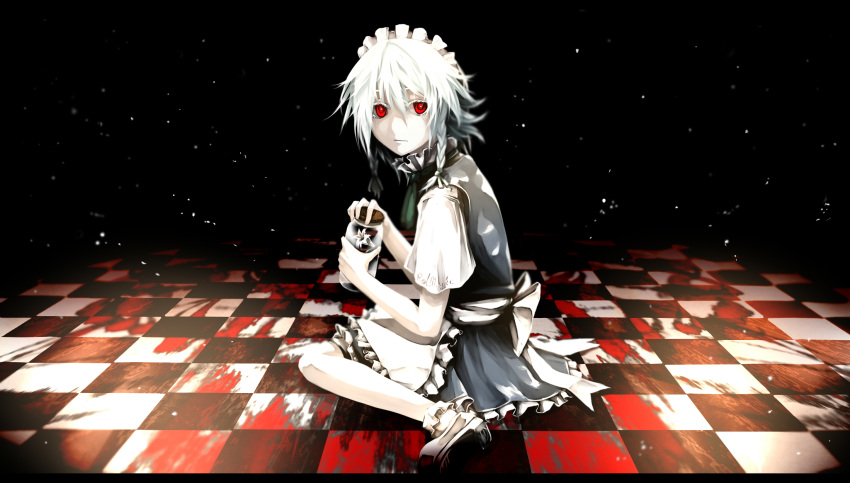 blood braid checkered_floor commentary_request female flower fujinohara_akihira highres izayoi_sakuya jar maid maid_headdress perspective red_eyes sitting solo touhou twin_braids wariza white_hair