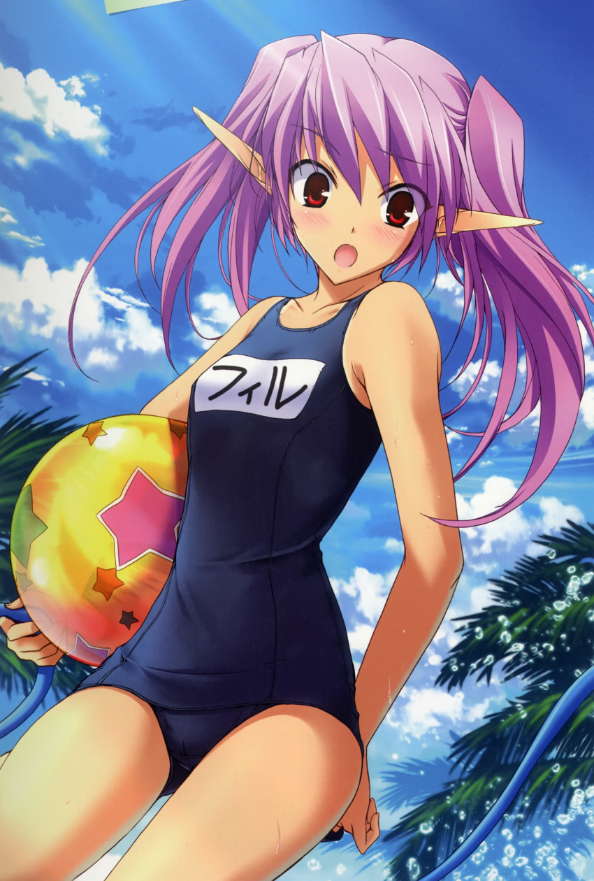 absurdres alicesoft artist_request ball beachball blush elf female highres long_hair one-piece_swimsuit onigirikun open_mouth pastel_chime pastel_chime_continue phil_ehart pointy_ears purple_hair red_eyes school_swimsuit solo swimsuit twintails