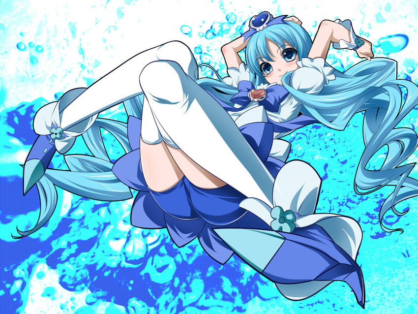 blue_eyes blue_hair blue_skirt blue_theme brooch commentary_request cure_marine female heart heart_brooch heartcatch_precure! jewelry kurumi_erika long_hair magical_girl precure skirt smile solo thighhighs toron_(mino106) white_thighhighs