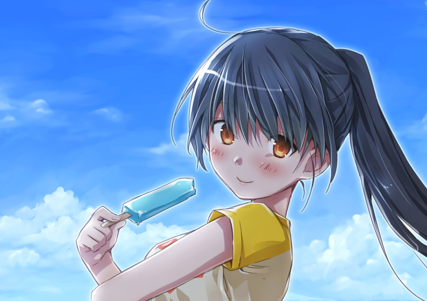 bad_id bad_pixiv_id black_hair blush brown_eyes cloud day female food long_hair looking_at_viewer natsu_natsuna original ponytail popsicle sky smile solo