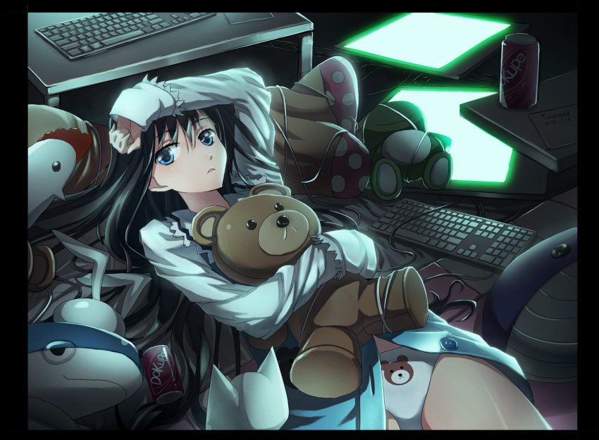 animal_print bear_panties bear_print black_hair blue_eyes brand_name_imitation can commentary computer computer_keyboard dr_pepper drink_can female front-print_panties glycyrrhizae hair_spread_out kami-sama_no_memo-chou long_hair monitor multiple_monitors pajamas panties print_panties shionji_yuuko soda_can solo stuffed_animal stuffed_toy teddy_bear underwear very_long_hair