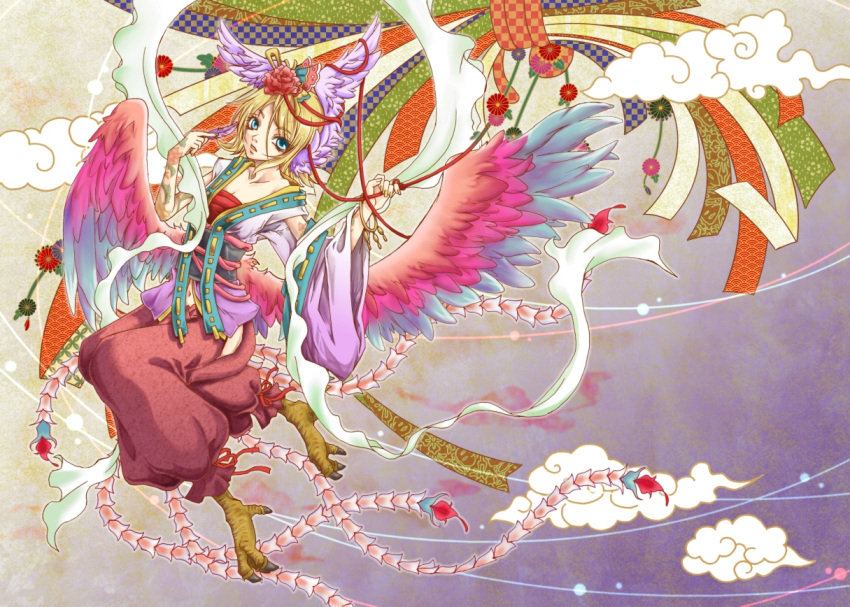 bird_legs blonde_hair blue_eyes chimera chinese_clothes cloud commentary_request female hair_ornament head_wings kagamine_rin kalavinka karakuri_(ichika) short_hair solo tail vocaloid wings