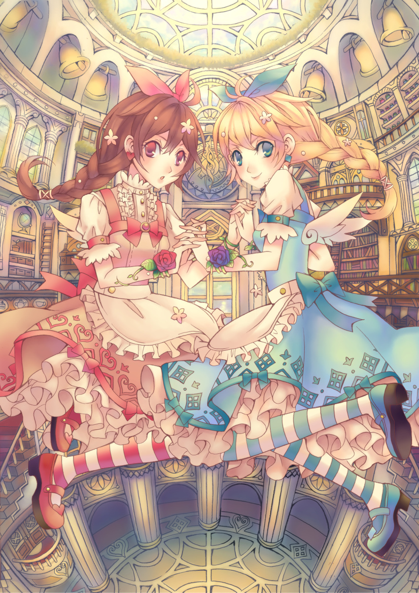 2girls absurdres apron bell blonde_hair blue_eyes bow braid brown_hair commentary_request dress earrings falseele floating frills gathers hair_ornament hair_ribbon highres holding_hands jewelry long_hair mary_janes multiple_girls original pantyhose photoshop_(medium) red_eyes ribbon shoes smile striped_clothes striped_pantyhose wings