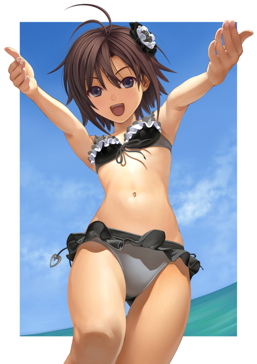 absurdres antenna_hair armpits bikini black_bikini blue_eyes brown_hair commentary_request day female frilled_bikini frills front-tie_top hair_ornament heart highres idolmaster idolmaster_(classic) idolmaster_2 kikuchi_makoto md5_mismatch navel nekopuchi ocean open_mouth outdoors outstretched_arms short_hair sky smile solo swimsuit thigh_gap vivid_bikini_(idolmaster)