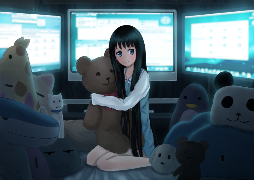 black_hair blue_eyes commentary_request female kami-sama_no_memo-chou large_teddy_bear long_hair monitor multiple_monitors pajamas shionji_yuuko solo stuffed_animal stuffed_toy teddy_bear willgoon