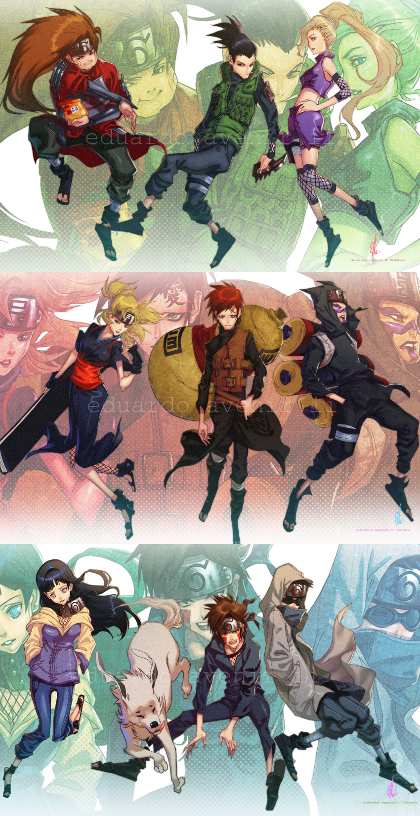 3girls 6+boys absurdres aburame_shino action akamaru_(naruto) akimichi_chouji armor black_hair blonde_hair breasts brown_hair canine commentary_request cowl dagger eduardo_avenir_ii everyone facial_mark folding_fan forehead_mark forehead_protector gaara_(naruto) halftone halftone_background hand_fan highres holding holding_dagger holding_knife holding_weapon hood hyuuga_hinata ino_yamanaka inuzuka_kiba kankurou_(naruto) knife konohagakure_symbol long_hair medium_breasts medium_hair multiple_boys multiple_girls nara_shikamaru naruto_(series) naruto_shippuuden ninja no_pupils photoshop_(medium) purple_eyes red_hair reverse_grip scroll short_hair signature sunagakure_symbol sunglasses temari_(naruto) tongue tongue_out very_long_hair watermark weapon white_fur zoom_layer