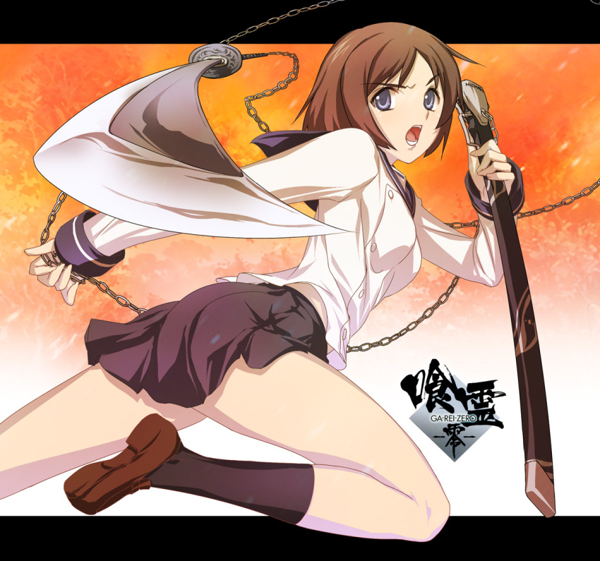 47agdragon black_socks blue_eyes brown_hair chains commentary_request female ga-rei ga-rei_zero katana letterboxed loafers open_mouth outside_border scabbard school_uniform sheath shoes short_hair skirt socks solo sword tsuchimiya_kagura weapon