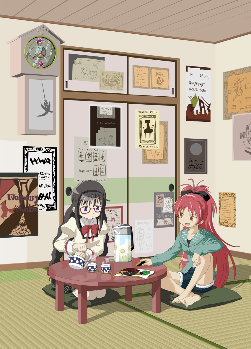 2girls akemi_homura analog_clock barefoot black_hair braid brown_eyes chabudai_(table) clock commentary_request cup cushion food glasses highres indoors knives_(knives777) kyuubee long_hair mahou_shoujo_madoka_magica mahou_shoujo_madoka_magica_(anime) mitakihara_school_uniform multiple_girls pendulum_clock pillow ponytail pouring purple_eyes red-framed_eyewear red_hair sakura_kyoko school_uniform seiza senbei sitting sliding_doors table tatami tea teacup teapot twin_braids wall_clock walpurgisnacht_(madoka_magica) zabuton