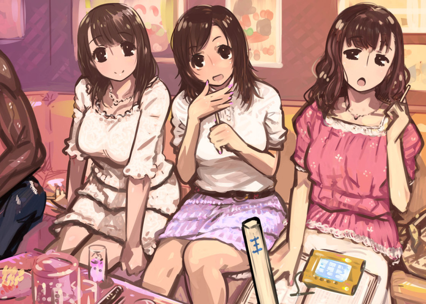 3girls breasts brown_hair commentary_request dark-skinned_male dark_skin dress indoors jewelry kaqo king_game looking_at_viewer multiple_girls nail_polish necklace original pov pov_across_table shirt sitting skirt white_shirt