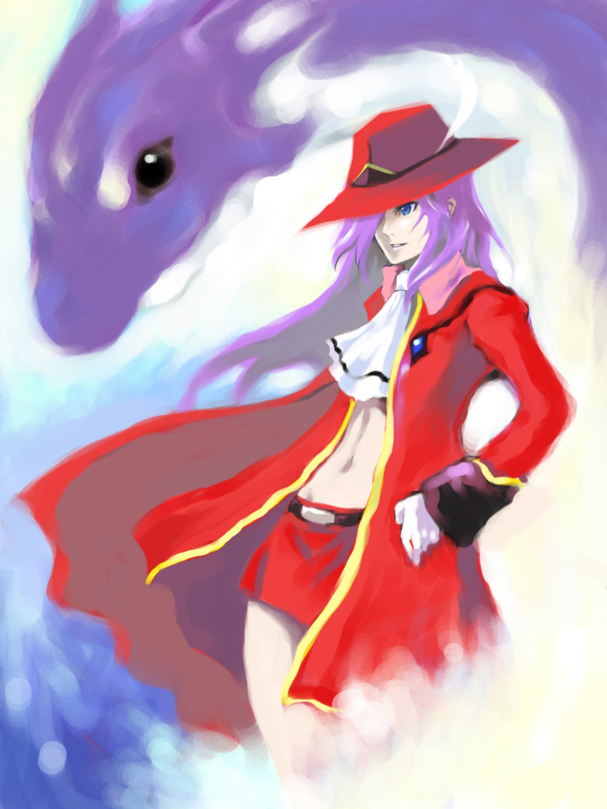 ascot bad_id bad_pixiv_id coat dragon faris_scherwiz female final_fantasy final_fantasy_5 gloves hair_over_one_eye hat highres johan_(johan13) photoshop_(medium) purple_hair red_mage_(final_fantasy) syldra