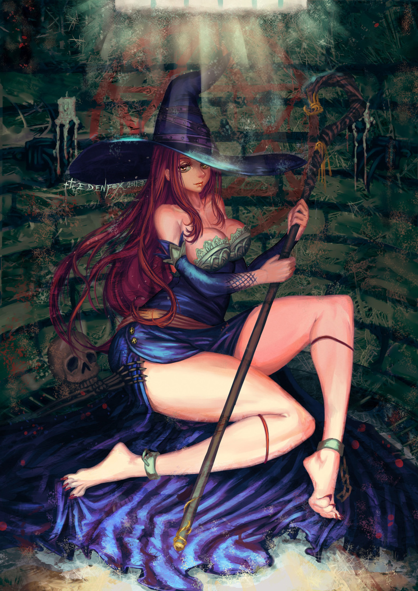 ankle_cuffs barefoot breasts cleavage commentary_request cuffs dragon's_crown dress edenfox feet female hat highres large_breasts legs long_hair long_legs photoshop_(medium) red_eyes red_hair shackles side_slit skull smile solo sorceress_(dragon's_crown) staff toes witch_hat