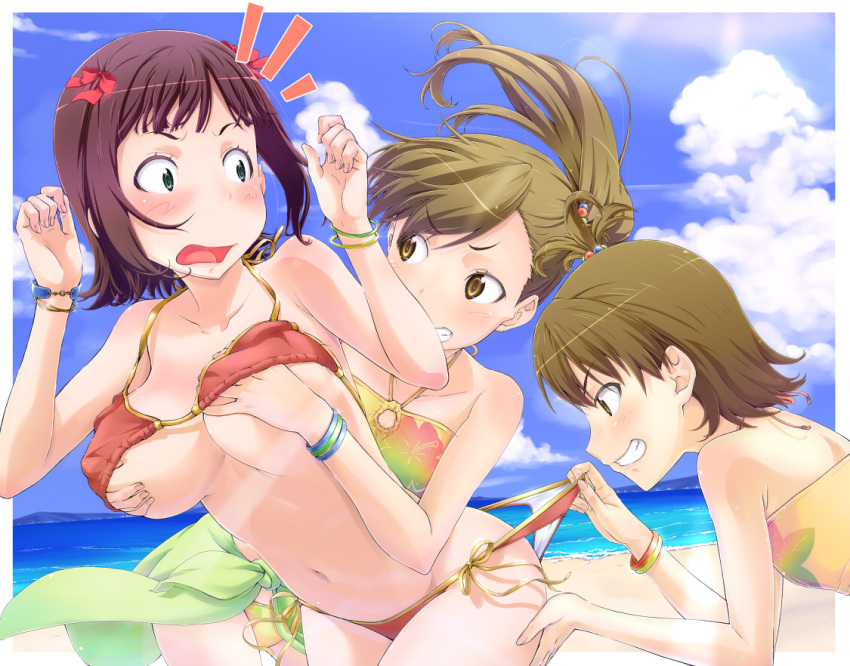 3girls amami_haruka assisted_exposure bad_id bad_pixiv_id bare_shoulders beach bikini bikini_pull blush bracelet breasts brown_eyes brown_hair bullying cleavage clothes_pull day futami_ami futami_mami grabbing grabbing_another's_breast green_eyes green_sarong grin groping hair_ribbon halterneck idolmaster idolmaster_(classic) idolmaster_2 jewelry large_breasts midriff multiple_girls navel open_mouth outdoors pulling_another's_clothes ribbon sarong sashisu siblings side-tie_bikini_bottom side_ponytail sisters smile string_bikini surprised surprised_arms swimsuit undressing yuri