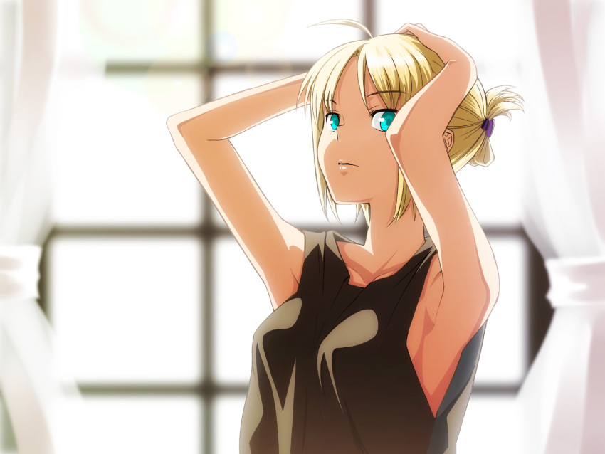 ahoge aqua_eyes armpits arms_up artoria_pendragon_(fate) blonde_hair curtains fate/stay_night fate_(series) female hair_ornament hairclip highres nazo_kichi painttool_sai_(medium) saber_(fate) solo tank_top upper_body window