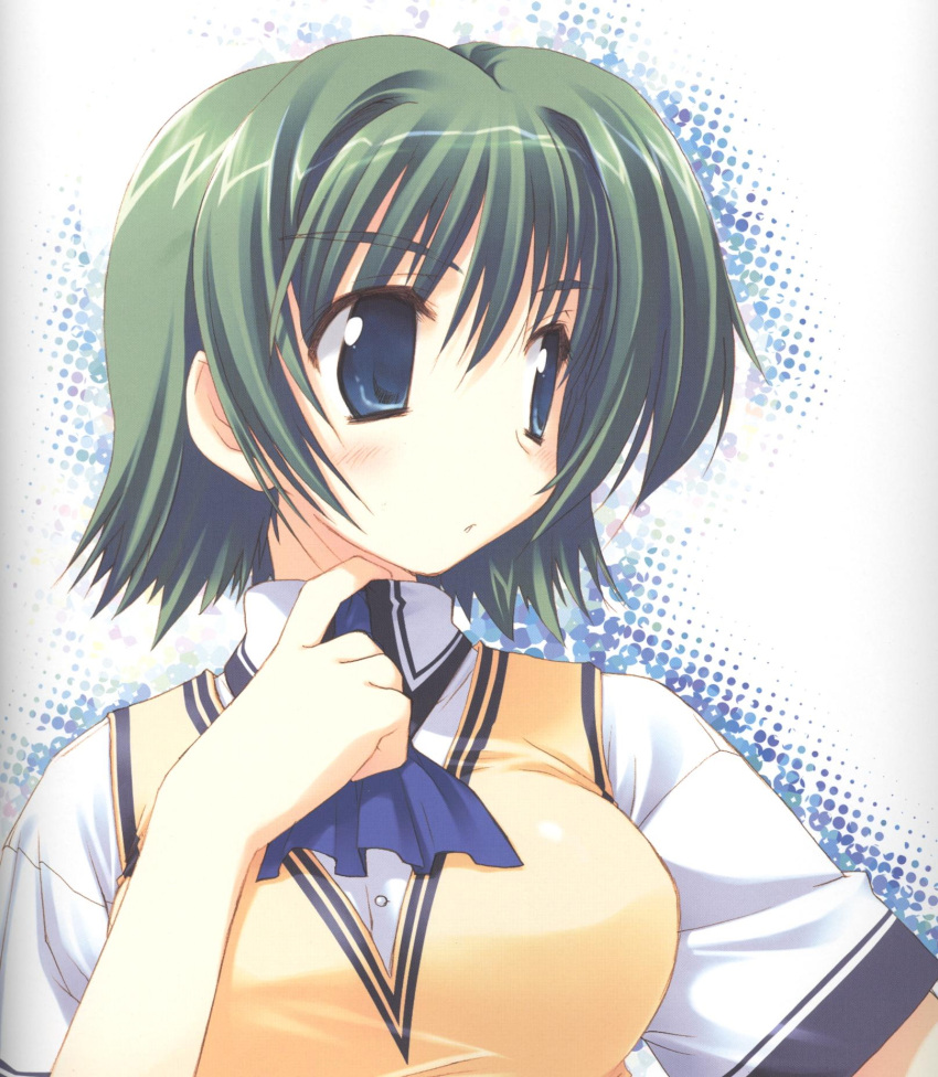 amazuyu_tatsuki ascot blue_ascot blue_eyes blush buttons comic_party female green_hair hair_between_eyes highres no_nose ooba_eimi scan school_uniform shirt short_hair short_sleeves solo sweater_vest white_shirt