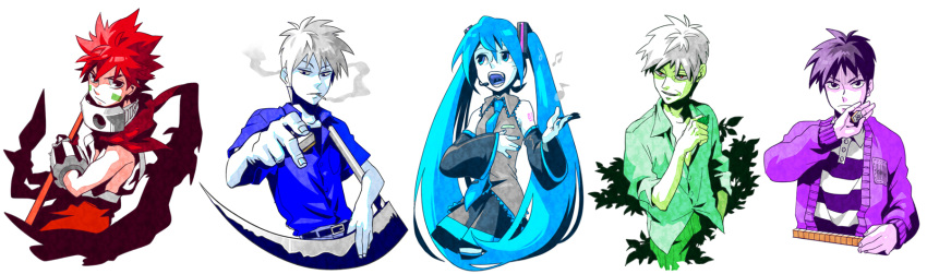 4boys akagi:_yami_ni_oritatta_tensai akagi_shigeru aqua_hair bad_id bad_pixiv_id color_coordination crossover female fukumoto_mahjong hatsune_miku highres holding holding_mahjong_tile houshin_engi igawa_hiroyuki long_hair mahjong_tile multiple_boys nataku ten_(manga) traditional_media vocaloid yukihiko