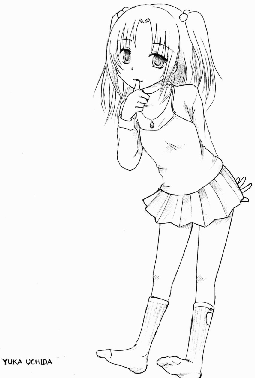 artist_request female greyscale highres minami-ke monochrome sketch skirt socks solo twintails uchida_yuka