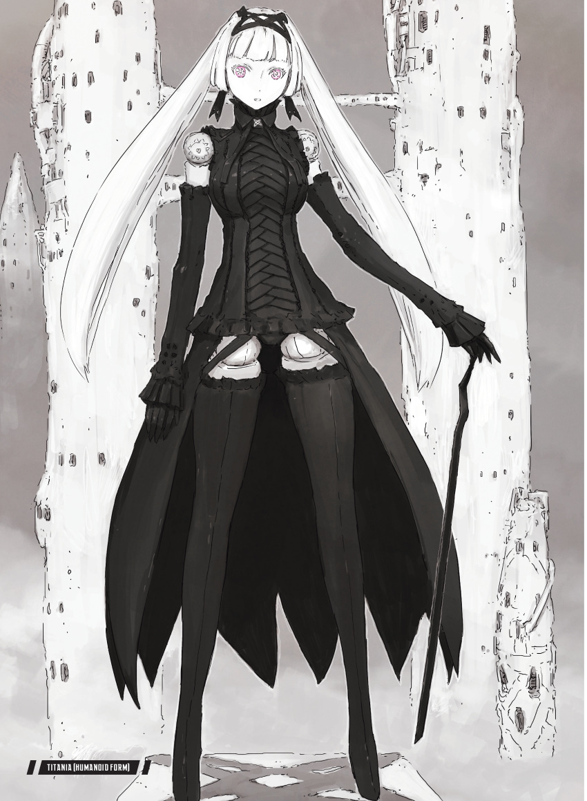 absurdres albino alternate_language android black_dress black_gloves black_ribbon character_name dress english_text female gloves gothic_lolita highres joints limited_palette lolita_fashion long_hair nihei_tsutomu ningyou_no_kuni non-web_source official_art pink_eyes ribbon robot_joints ruins showgirl_skirt standing thighhighs titania_(ningyou_no_kuni) twintails white_hair zettai_ryouiki