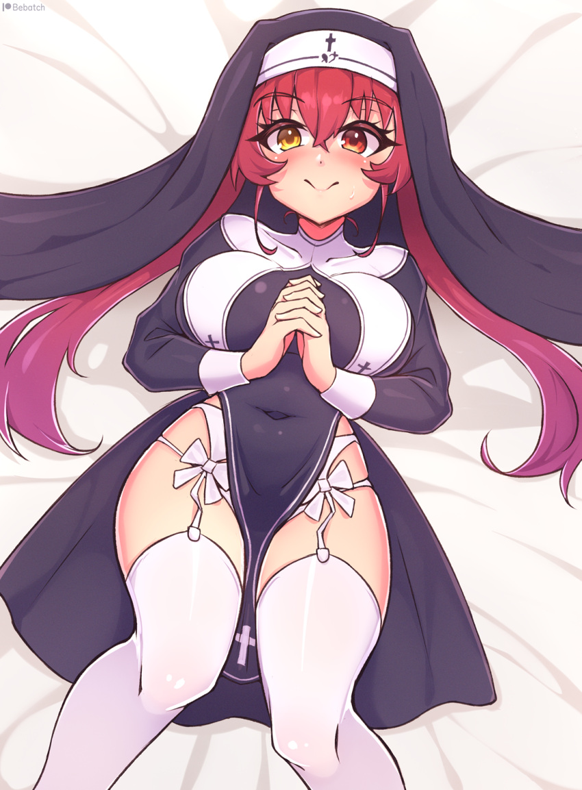 alternate_costume bebatch bed_sheet breasts closed_mouth covered_navel female garter_belt habit heterochromia highres hololive houshou_marine houshou_marine_(nun) interlocked_fingers large_breasts long_hair long_sleeves looking_at_viewer lying nun on_back on_bed own_hands_clasped own_hands_together panties pelvic_curtain red_eyes red_hair side_slit smile solo thighhighs underwear virtual_youtuber white_garter_belt white_panties white_thighhighs yellow_eyes