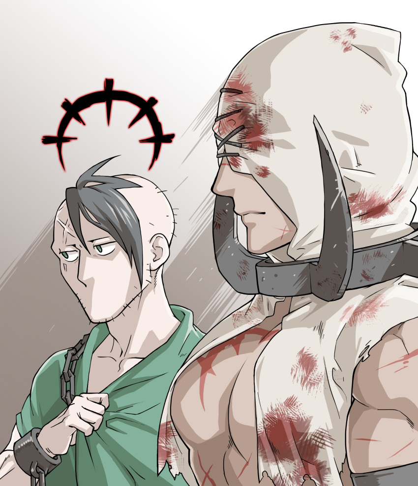 2boys abomination_(darkest_dungeon) absurdres affliction_(darkest_dungeon) bad_id bad_pixiv_id black_hair chains collar commentary_request cuffs darkest_dungeon flagellant_(darkest_dungeon) girl_staring_at_guy's_chest_(meme) green_eyes highres hood male_focus meme multiple_boys pectoral_cleavage pectorals scar shackles short_hair spiked_collar spikes three_quarter_view torn_clothes varamill