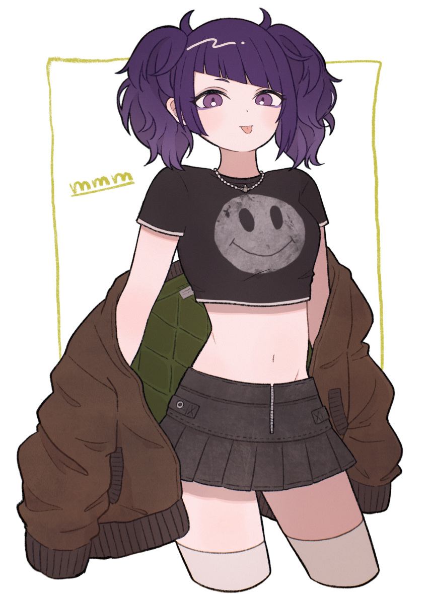 absurdres bad_id bad_pixiv_id blunt_bangs crop_top cropped_legs cropped_shirt denim denim_skirt diagonal_bangs female hair_horns highres idolmaster idolmaster_shiny_colors jacket jewelry looking_at_viewer medium_hair midriff navel necklace off_shoulder pleated_skirt purple_eyes purple_hair shirt skirt smile smiley_face solo sorcery t-shirt tanaka_mamimi thighhighs tongue tongue_out twintails vivienne_westwood zipper