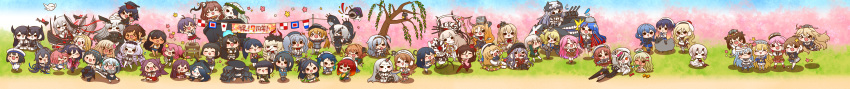 >_< 6+girls :d ^_^ absurdres abyssal_jellyfish_princess abyssal_ship anchorage_princess anniversary aqua_hair bare_arms bare_legs bikini black_bikini black_eyes black_hair blonde_hair blue_hair blue_sailor_collar brown_hair canal_princess central_princess chibi closed_eyes colorado_(kancolle) etorofu_(kancolle) everyone fletcher_(kancolle) fletcher_mk_ii_(kancolle) fukae_(kancolle) gangut_(kancolle) giuseppe_garibaldi_(kancolle) gotland_(kancolle) gotland_andra_(kancolle) goto_islands_seafloor_princess grecale_(kancolle) grey_hair hachijou_(kancolle) hair_between_eyes hair_ornament hairband harukaze_(kancolle) hat hibiki_(kancolle) hiburi_(kancolle) high_side_ponytail highres horns houshou_(kancolle) i-14_(kancolle) i-400_(kancolle) i-401_(kancolle) i-47_(kancolle) i-504_(kancolle) i-58_(kancolle) intrepid_(kancolle) iowa_(kancolle) jervis_(kancolle) jun'you_(kancolle) kamikaze_(kancolle) kantai_collection kashima_(kancolle) katsuragi_(kancolle) kitakami_(kancolle) kunashiri_(kancolle) littorio_(kancolle) long_hair luigi_di_savoia_duca_degli_abruzzi_(kancolle) luigi_torelli_(kancolle) lycoris_fubuki lycoris_princess maru-yu_(kancolle) multicolored_hair multiple_girls myoukou_(kancolle) na-class_destroyer nagato_(kancolle) ne-class_heavy_cruiser nelson_(kancolle) new_southern_battleship_princess night_strait_princess_(black) night_strait_princess_(white) o-ring o-ring_top one_eye_closed open_mouth orange_sailor_collar pale_skin pink_hair ponytail prinz_eugen_(kancolle) purple_hair re-class_battleship red_hair richelieu_(kancolle) ro-500_(kancolle) ryuuhou_(kancolle) sailor_collar sailor_hat sakawa_(kancolle) saratoga_(kancolle) seaplane_tender_water_princess seaport_water_oni shimushu_(kancolle) shirt short_hair side-tie_shirt signal_flag single_horn sitting sleeveless sleeveless_shirt smile so-class_submarine south_dakota_(kancolle) south_dakota_kai_(kancolle) suzutsuki_(kancolle) swimsuit swimsuit_under_clothes taigei_(kancolle) takao_(kancolle) tree tsu-class_light_cruiser tsushima_(kancolle) twintails ushio_(kancolle) verniy_(kancolle) warspite_(kancolle) white_shirt wide_image yashiro_(kancolle) yukikaze_(kancolle) yukikaze_kai_ni_(kancolle) yumaru_(marumarumaru)