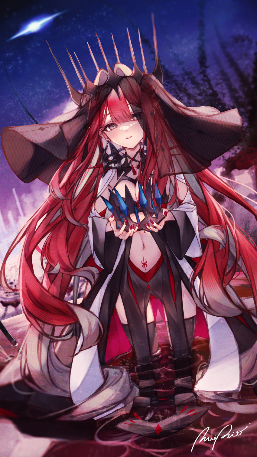 absurdres baobhan_sith_(fate) black_thighhighs breasts cleavage clothing_cutout cosplay crown fate/grand_order fate_(series) female grey_eyes highres large_breasts long_hair looking_at_viewer morgan_le_fay_(fate) morgan_le_fay_(fate)_(cosplay) navel navel_cutout pink_hair pointy_ears solo spica/kanade stomach_tattoo tattoo thighhighs tiara veil very_long_hair