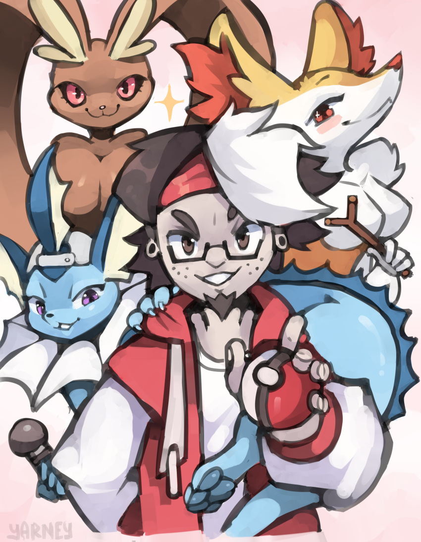 absurd_res anthro blush braixen breasts clothing ear_piercing eeveelution electronics eyewear female feral furrymon generation_1_pokemon generation_4_pokemon generation_6_pokemon glasses group hat headgear headwear hi_res human looking_at_viewer lopunny male mammal microphone nintendo piercing pokeball pokemon pokemon_(species) pokemon_trainer smile vaporeon vaporeon_rapper yarney