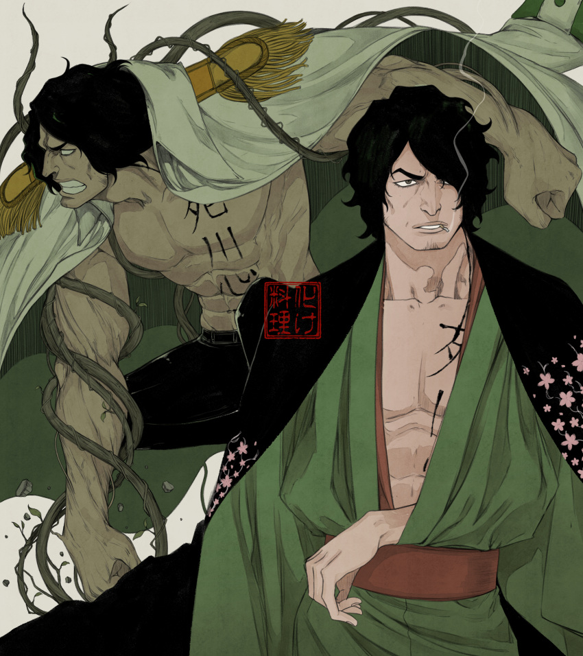 1boy absurdres aramaki_(ryokugyu) artist_logo bake_ryori black_hair chest_tattoo clenched_hand clenched_teeth coat coat_on_shoulders curly_hair epaulettes facial_hair florakinesis floral_print goatee green_kimono hair_over_one_eye highres japanese_clothes kimono male_focus muscular muscular_male one_piece open_clothes short_hair smoking stomach_tattoo tattoo teeth upper_body white_coat