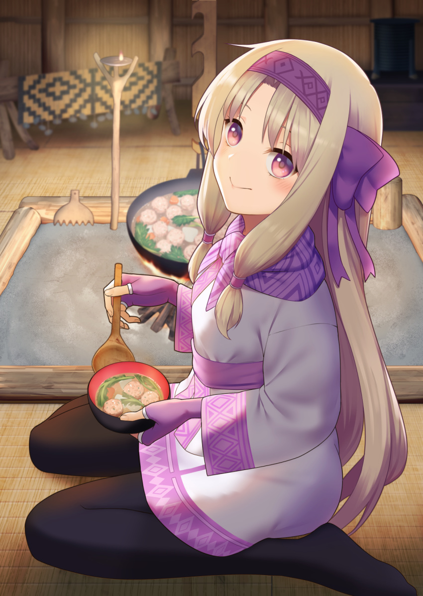 ainu_clothes black_pantyhose blush bow bowl breasts closed_mouth fate/grand_order fate_(series) female fingerless_gloves food gloves hair_between_eyes hairband hairbow highres illyasviel_von_einzbern irori_(hearth) jizaikagi long_hair long_sleeves looking_at_viewer pantyhose pink_eyes purple_bow purple_gloves purple_hairband purple_scarf sash scarf sitonai_(fate) sitting small_breasts smile solo spoon thighs tsuchifumazu wariza white_hair