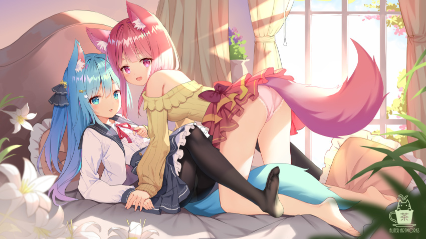 2girls :d aliter all_fours animal_ear_fluff animal_ears bare_shoulders bed black_legwear blue_eyes blue_hair blue_skirt bow collarbone commentary_request curtains flower fox_ears fox_tail hair_between_eyes hair_ornament hairpin highres holding_hands long_hair long_sleeves lying medium_hair multiple_girls no_shoes oerba_yun_fang off_shoulder on_back open_mouth original panties panties_under_pantyhose pantyhose pink_eyes pink_panties pleated_skirt red_bow red_skirt school_uniform shirt skirt smile soles sweater tail thick_eyebrows underwear white_shirt window yellow_sweater yuri