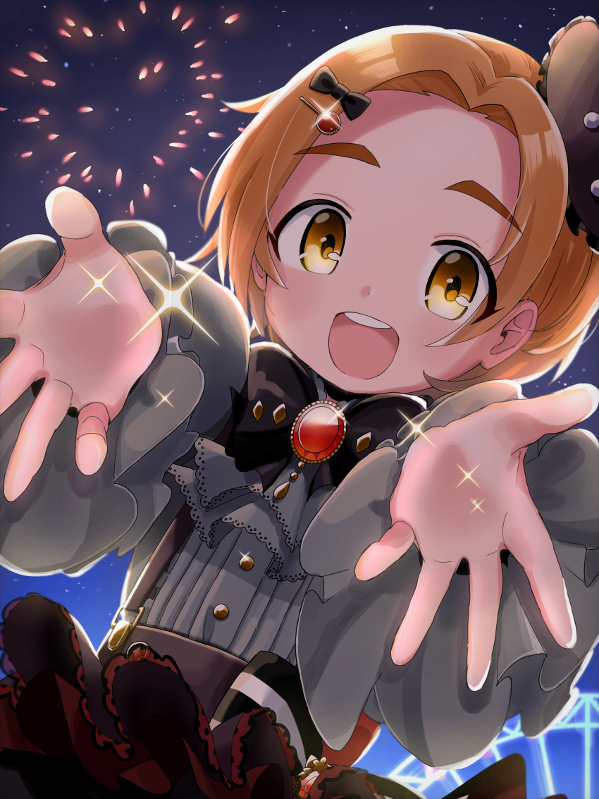 absurdres black_bow black_bowtie bow bowtie dot_nose female fireworks forehead frilled_sleeves frills hair_ornament hairpin high-waist_skirt highres idolmaster idolmaster_cinderella_girls idolmaster_cinderella_girls_starlight_stage incoming_hug long_sleeves looking_at_viewer marui_kado night night_sky ryuzaki_kaoru short_hair skirt sky smile sparkle suspenders upper_body yellow_eyes