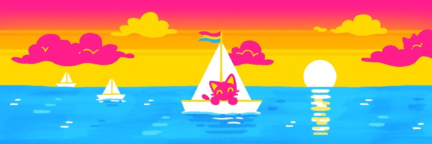 2023 3:1 ambiguous_gender banner_image boat closed_eyes cloud digital_media_(artwork) domestic_cat felid feline felis feral flag fur in_boat lgbt_pride lottory mammal outside pansexual_pride_colors pride_color_flag pride_color_palette pride_colors restricted_palette sailing_boat sailing_watercraft sea sky solo sunset tail vehicle water watercraft whiskers