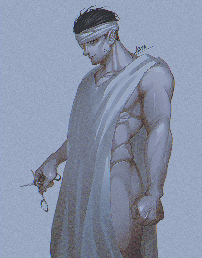 1boy artist_name bandaged_head bandages bara black_hair closed_mouth facial_hair golden_kamuy highres holding holding_scissors k3to_bt male_focus muscular muscular_male naked_robe ogata_hyakunosuke pectorals protected_link robe scar scar_on_cheek scar_on_face scissors short_hair smile solo