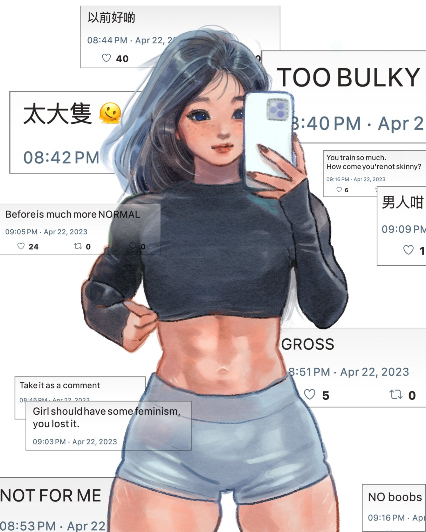 abs blue_eyes breasts bullying cellphone chinese_text commentary english_text female grey_hair highres lips little_thunder long_hair mixed-language_text muscular muscular_female navel original phone selfie small_breasts smartphone smile solo sportswear symbol-only_commentary thick_thighs thighs toned translated