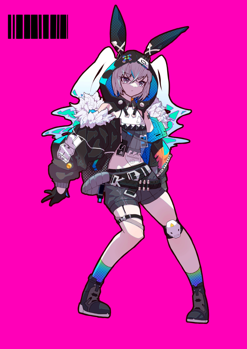 absurdres animal_ears animal_hood bad_id bad_pixiv_id barcode barcode_tattoo bare_shoulders belt black_gloves blue_hair bronya_zaychik bronya_zaychik_(haxxor_bunny) chinese_commentary collared_shirt crossed_bangs fake_animal_ears female full_body fur-trimmed_jacket fur_trim garter_straps gloves gradient_legwear grey_eyes grey_hair hair_between_eyes highres honkai_(series) honkai_impact_3rd hood hood_up hooded_jacket jacket knee_pads long_hair long_sleeves lulu_(15183338668) multicolored_hair off_shoulder open_clothes open_jacket pink_background polka_dot rabbit_ears rabbit_hood shirt shorts simple_background single_garter_strap solo streaked_hair tattoo unmoving_pattern