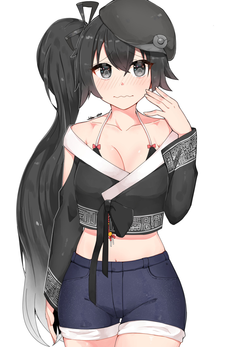 absurdres alternate_hairstyle beret black_hat blush breasts brown_eyes brown_hair female hat highres karin_(kitsune_ga_boku_wo_matteiru) kitsune_ga_boku_wo_matteiru long_hair off-shoulder_shirt off_shoulder shirt shorts side_ponytail solo wkdbzpdl