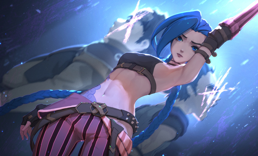 arcane:_league_of_legends arcane_jinx arm_up belt blue_eyes blue_hair braid breasts claggor_(arcane) cloud_tattoo crop_top female fingerless_gloves gloves highres jinx_(league_of_legends) league_of_legends looking_at_viewer loose_belt mylo_(arcane) navel pants sideboob stomach stomach_tattoo striped_clothes striped_pants tattoo tenshin_kagehisa twin_braids