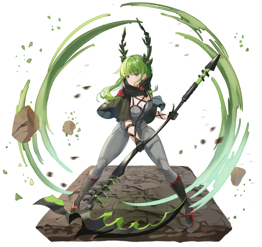 02bear20 absurdres black_rock_shooter black_rock_shooter:_dawn_fall breasts cleavage dead_master female full_body green_eyes green_hair highres holding holding_scythe long_hair scythe solo