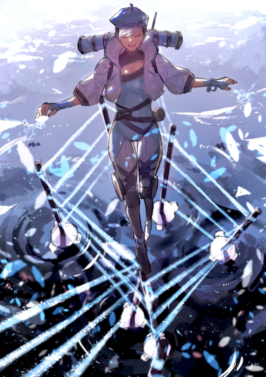 absurdres animification apex_legends backpack bad_id bad_pixiv_id bag beret black_hat blue_bodysuit blue_gloves blue_hat bodysuit closed_eyes electricity female fence fingerless_gloves gloves hat haute_drop_wattson highres hood kawaniwa open_hands open_mouth solo water wattson_(apex_legends)