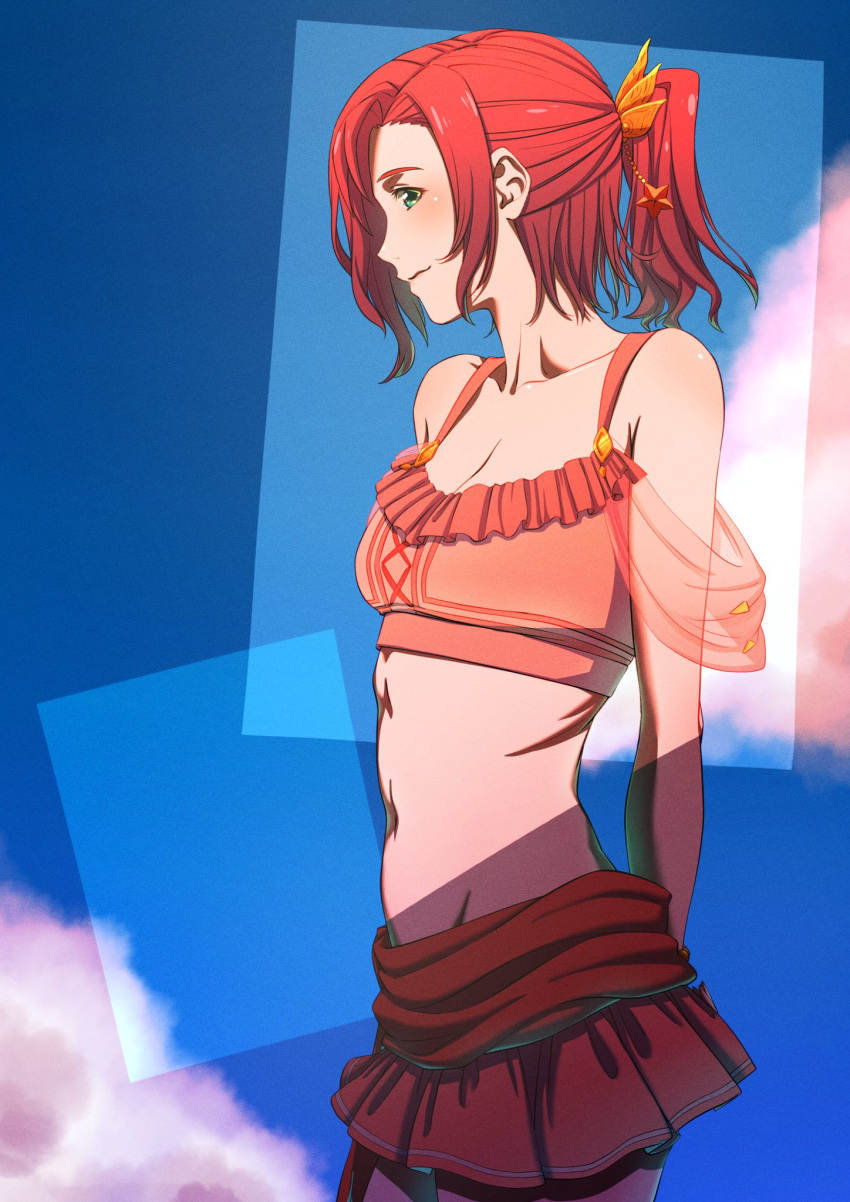 aduti_momoyama aqua_eyes arms_behind_back bare_shoulders bikini bikini_skirt breasts cleavage closed_mouth cloud collarbone commentary cowboy_shot crop_top female fire_emblem fire_emblem:_mystery_of_the_emblem fire_emblem_heroes groin hair_intakes hair_ornament highres medium_breasts medium_hair miniskirt navel norne_(fire_emblem) norne_(summer)_(fire_emblem) official_alternate_costume pink_bikini pink_skirt pleated_skirt ponytail red_hair see-through single_horizontal_stripe skirt smile solo standing star_(symbol) star_hair_ornament stomach swimsuit