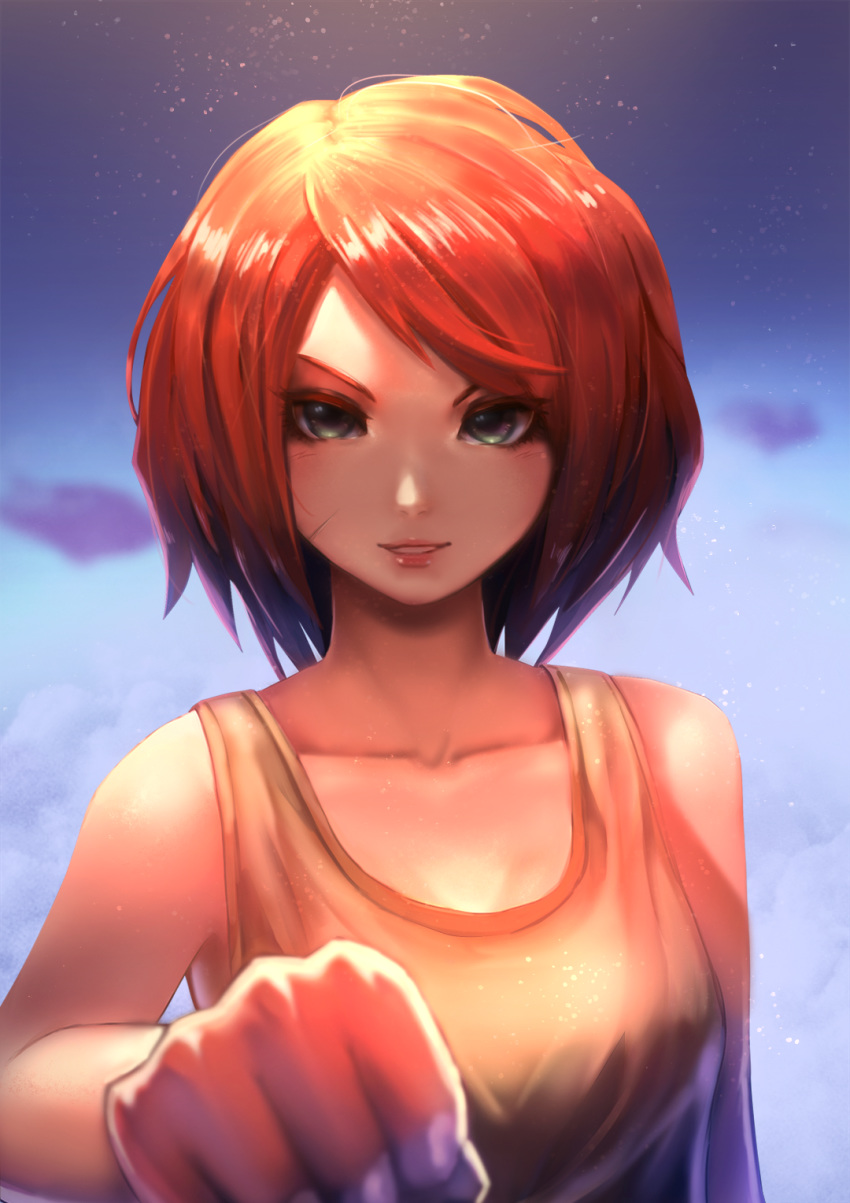 boiling_bolt breasts clenched_hand ctiahao english_commentary female fist_bump green_eyes highres june_(boiling_bolt) looking_at_viewer medium_breasts pov red_hair short_hair solo tank_top