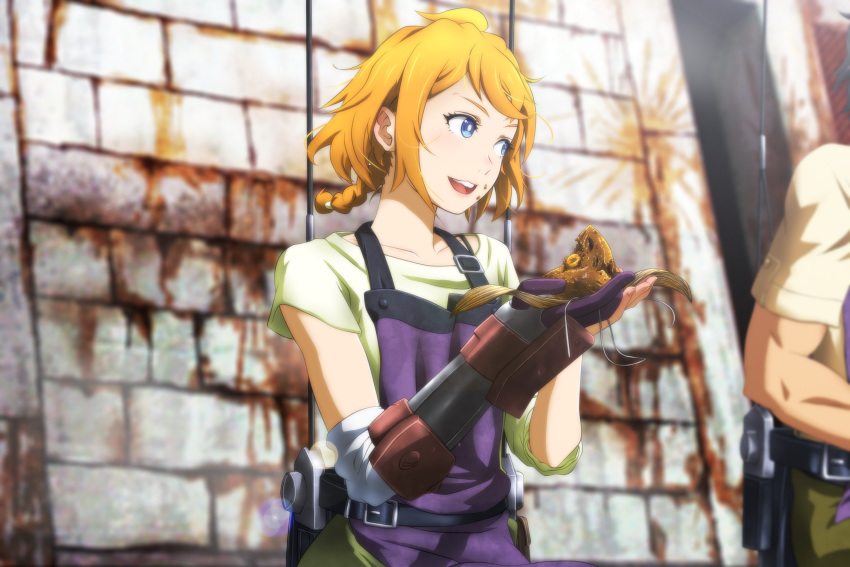 1boy :3 ahoge apron blue_eyes blurry blurry_background braid commentary decadence_(anime) female food genya_(genya67) highres holding kaburagi_(decadence) natsume_(decadence) orange_hair prosthesis prosthetic_arm solo_focus teeth zongzi